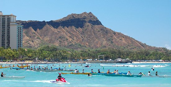 Diamond Head Volcano Over Waikiki Beach Surfers, Honolulu, Oahu, Hawaii