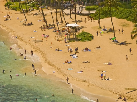 Hanauma Bay, Oahu, Hawaii - aerial view of beach and snorkelers