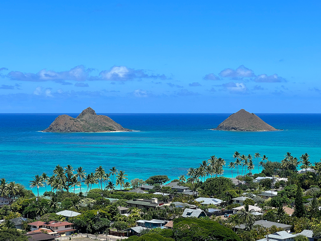 Aerial view of the scenic Lanikai beach in Oahu, Hawaii