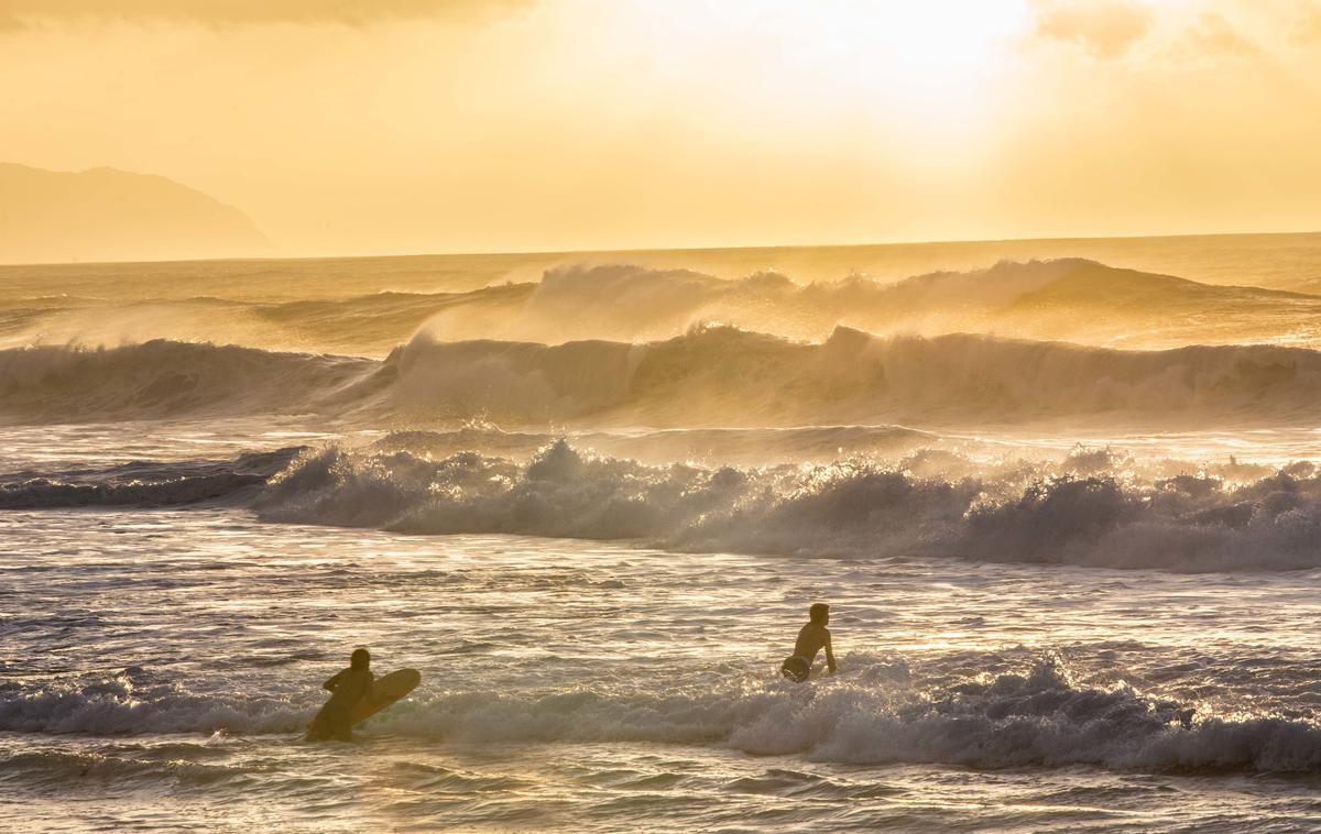 Surfing in hawaii, paddling out.