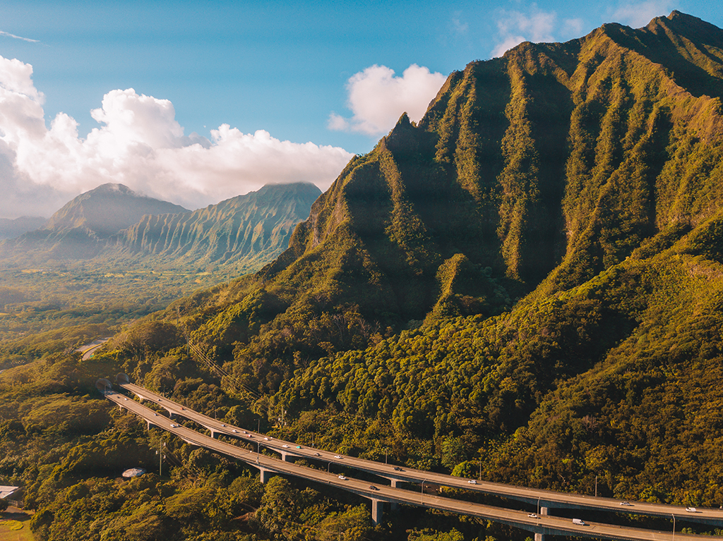 Aerial shot of Kualoa Ranch in Oahu, Hawaii