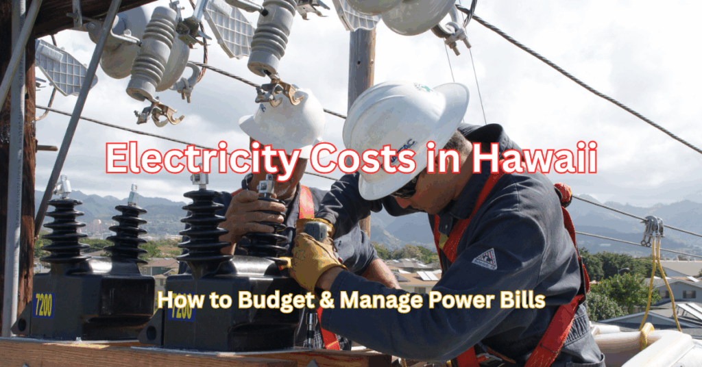 Two line men working on a power line in Honolulu Hawaii