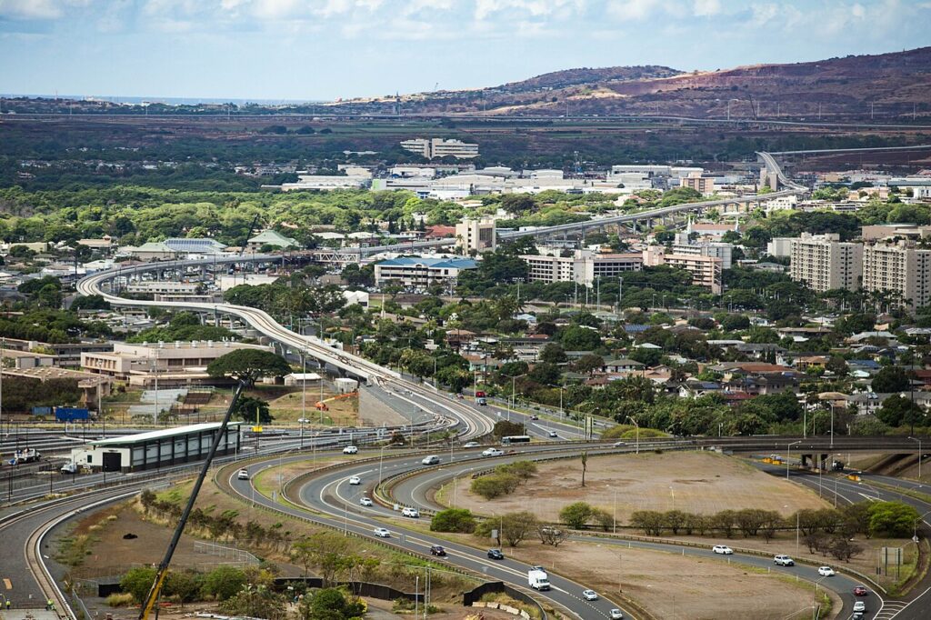 The maintenance yard and viaduct for Honolulu Rail Transit, looking southwest from Pearl City, Hawaii.