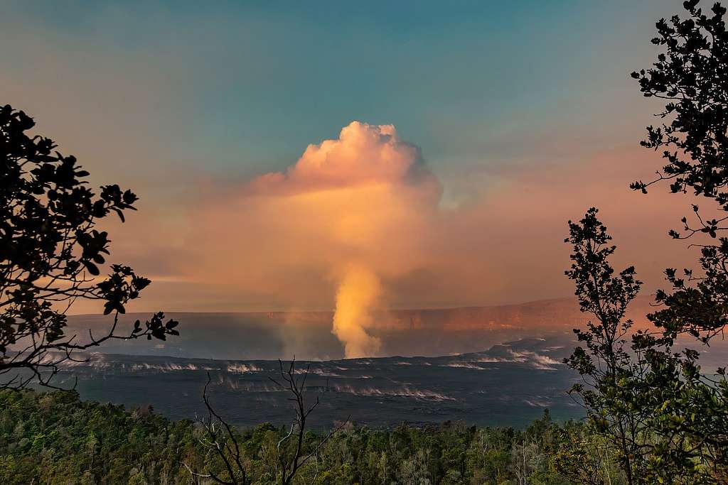 Vog from Kīlauea volcano’s summit eruption drifting from the crater at sunrise, seen from Byron Ledge, December 23, 2020. 