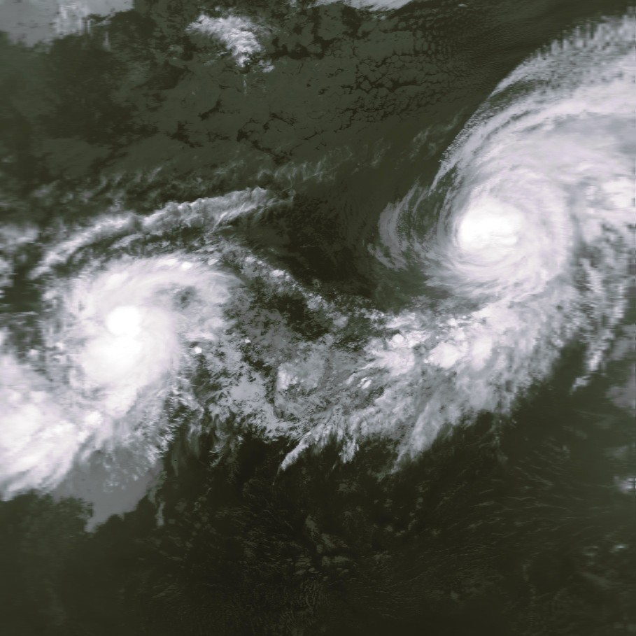 Satellite image of Hurricane Iniki near Hawaii in September 1992 — most powerful hurricane in state history. 