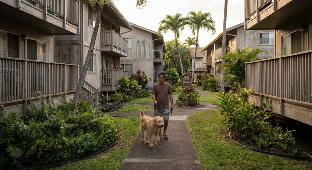A man walking his dog in a Hawaii condo complex