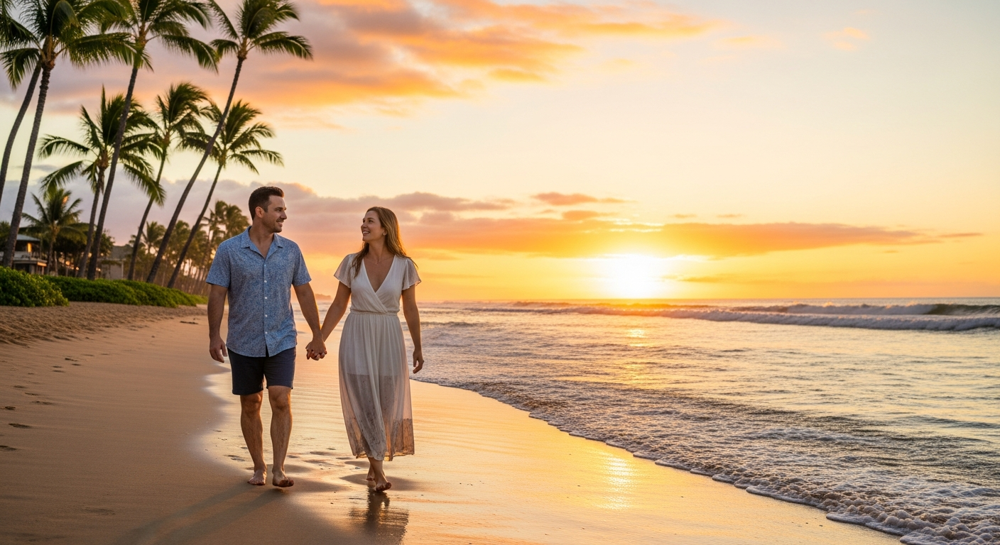 A couple enjoying the sunset on a Hawaiian beach during their honeymoon phase.