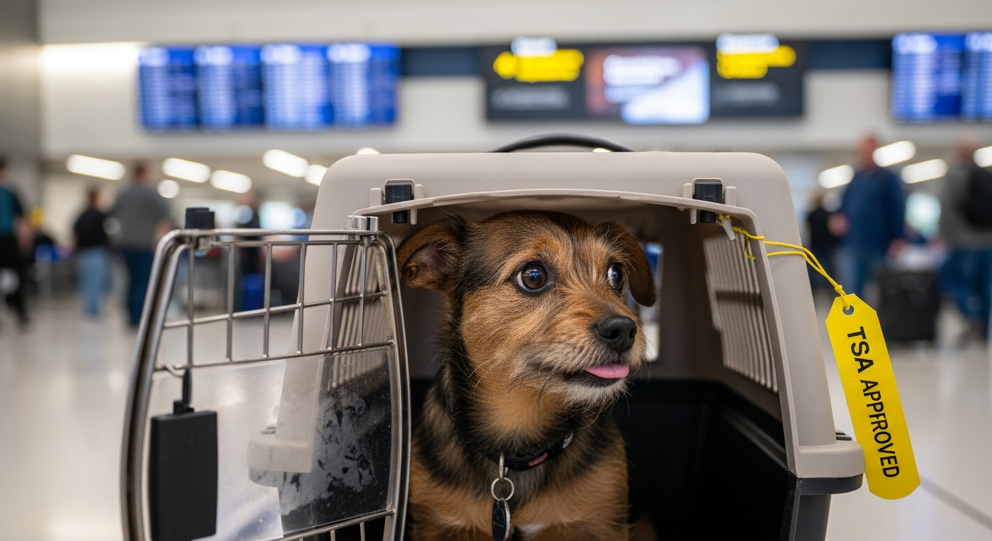 A dog in a travel carrier at an airport, symbolizing the challenges of pet relocation.