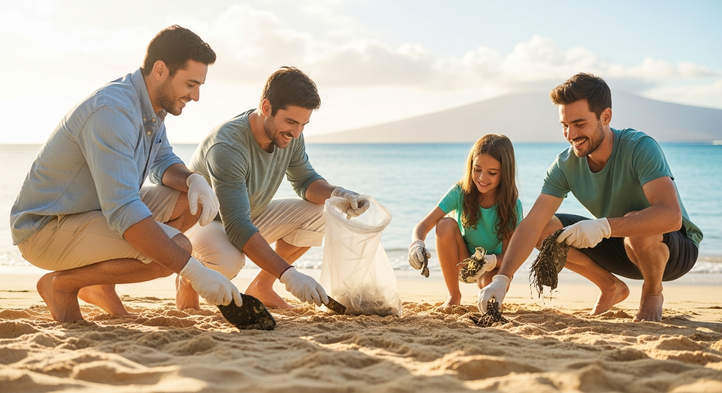 A family participating in a beach cleanup in Hawaii, demonstrating their commitment to preserving the environment.