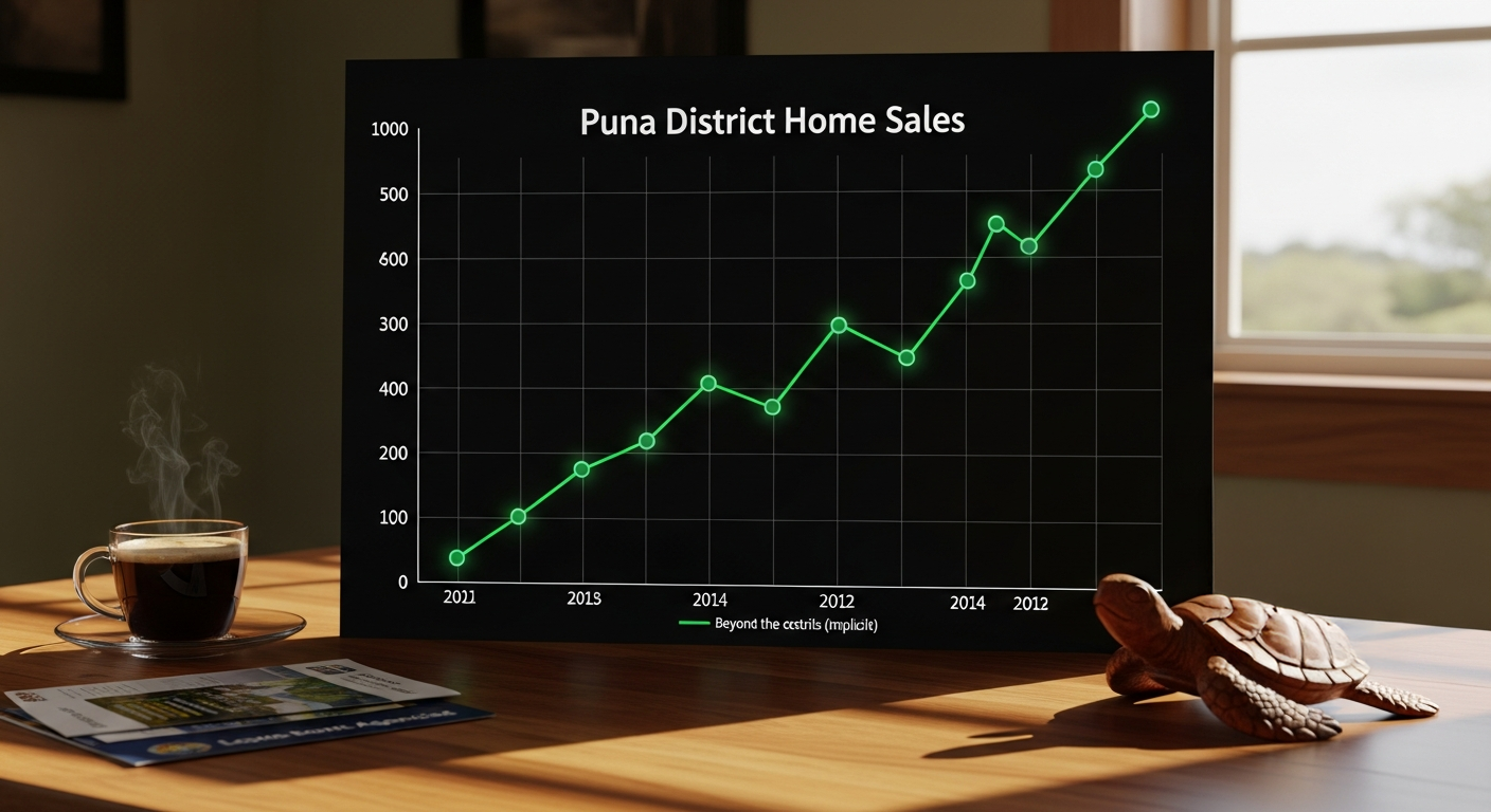 A line graph showing the exponential increase in home sales in the Puna district from 2020 to 2026.