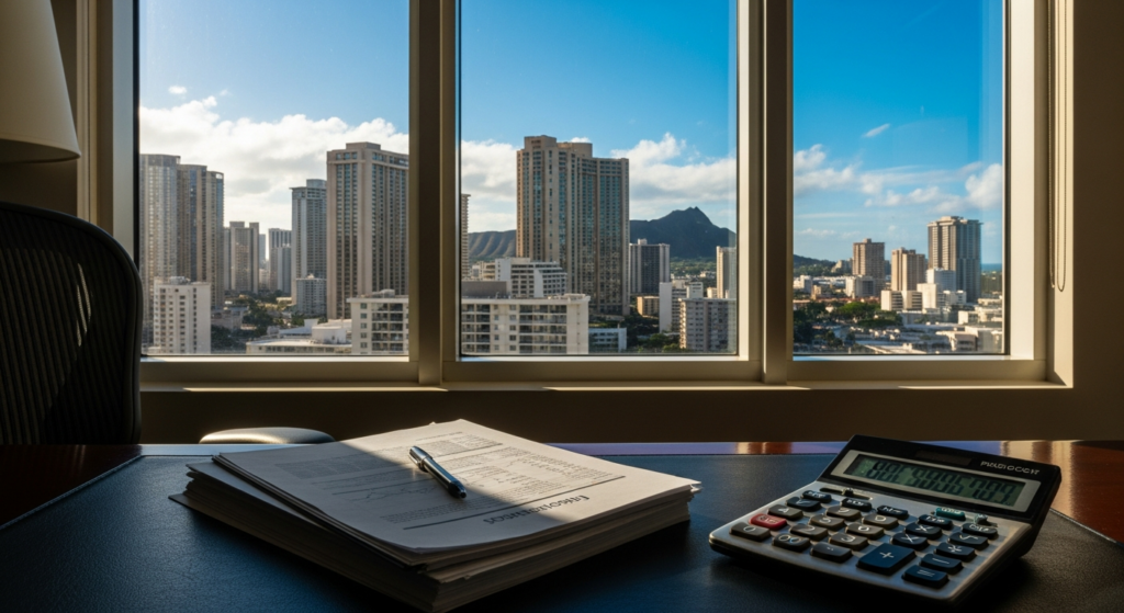 A stack of paperwork labeled Condo Doc Review with a calculator and a view of high-rise condos through a window