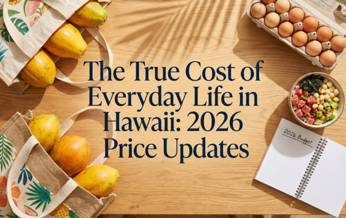 A modern Hawaii dining table showing 2026 grocery prices and budget planning.