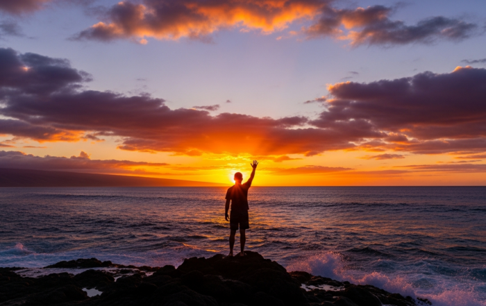 Sunset over the ocean with a silhouetted figure waving goodbye, symbolizing the bittersweet feeling of leaving Hawaii.
