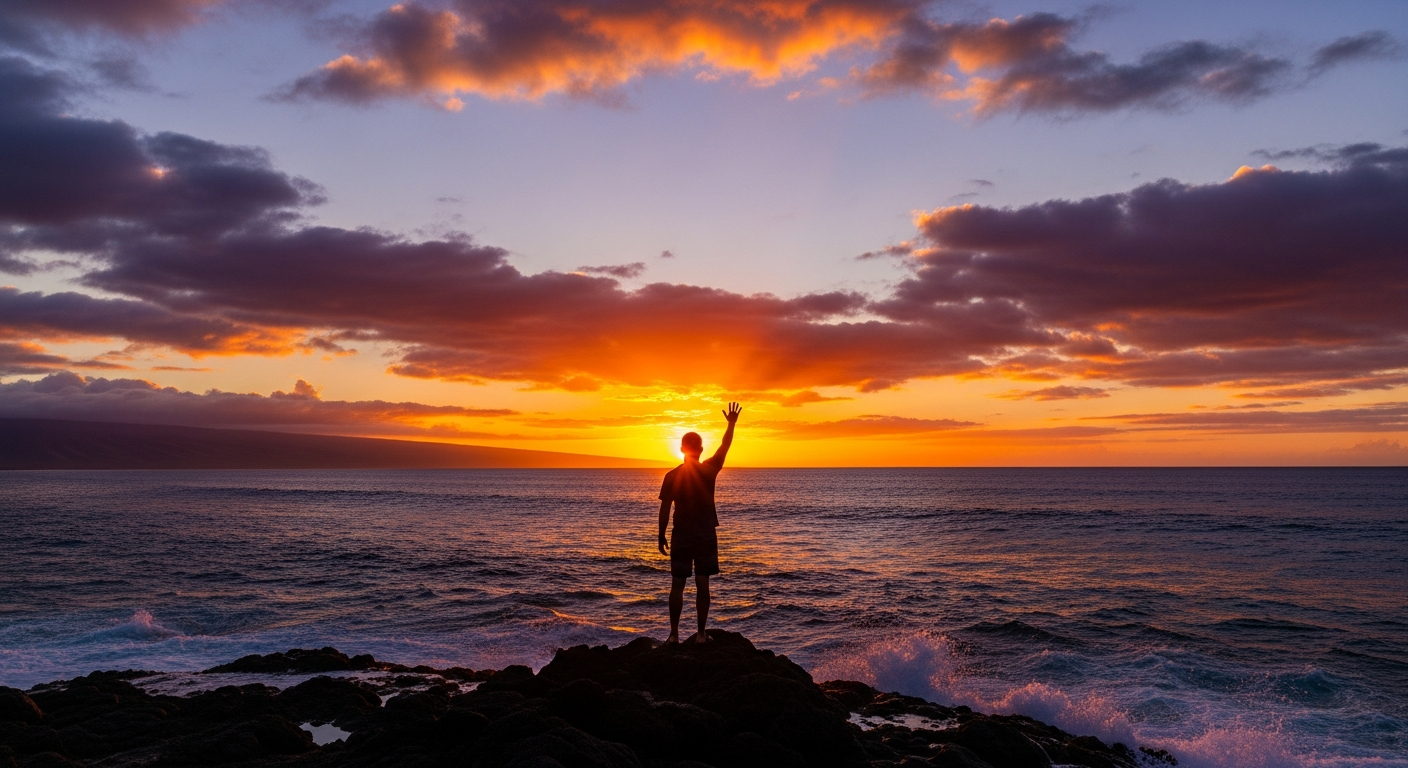 Sunset over the ocean with a silhouetted figure waving goodbye, symbolizing the bittersweet feeling of leaving Hawaii.