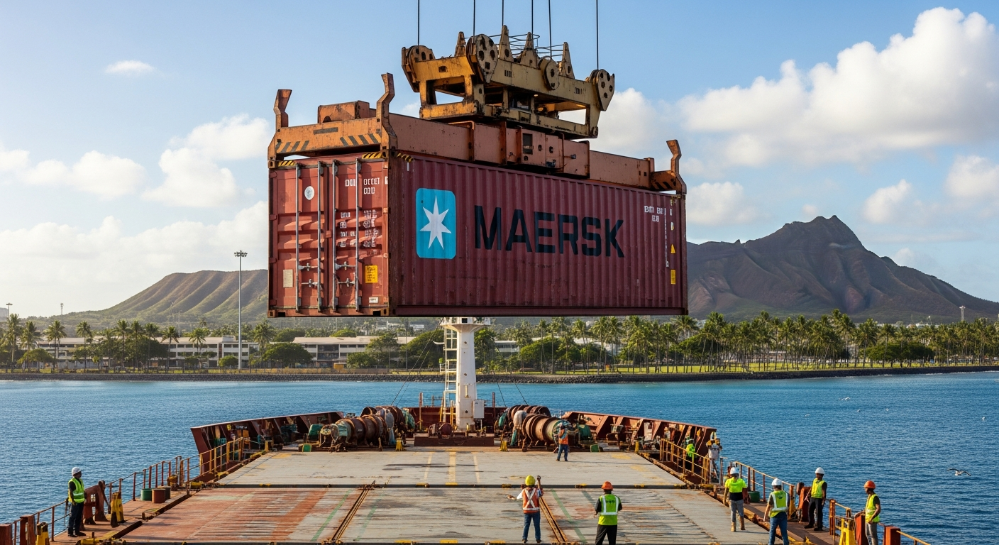 A shipping container being loaded onto a cargo ship in a Hawaiian port.