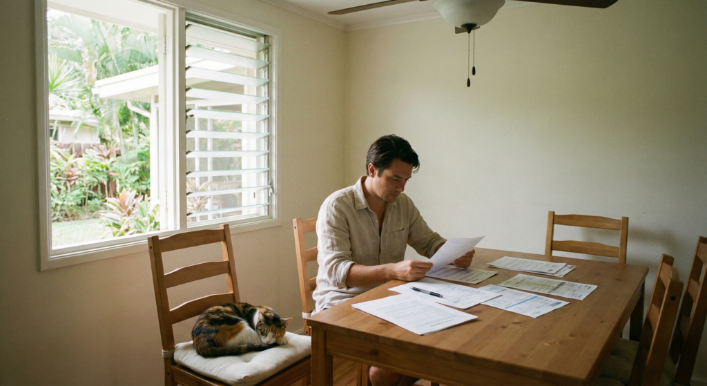 Remote worker with cat sleeping by his side in Hawaii