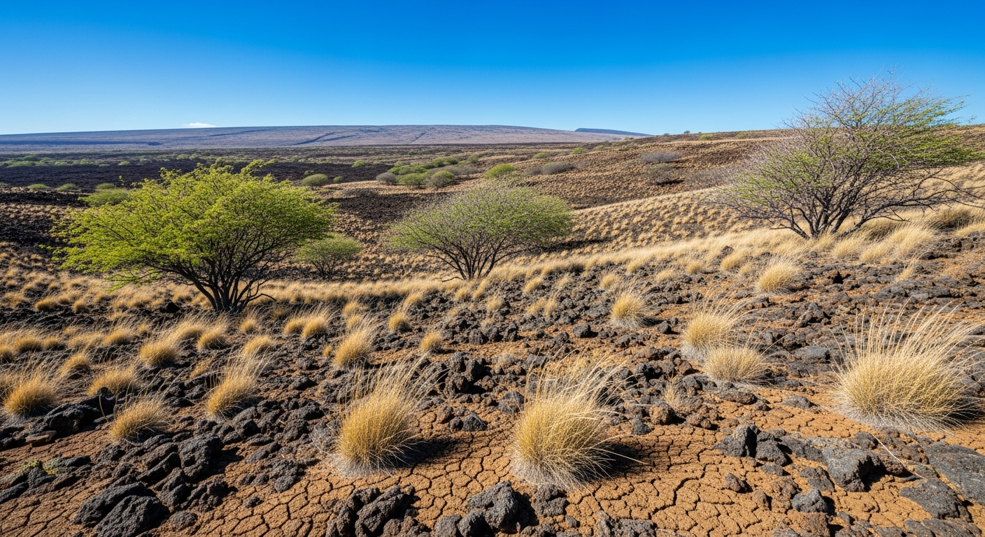 A desert landscape in South Kohala, Big Island, Hawaii, featuring dry, rocky terrain and sparse vegetation under a clear blue sky.