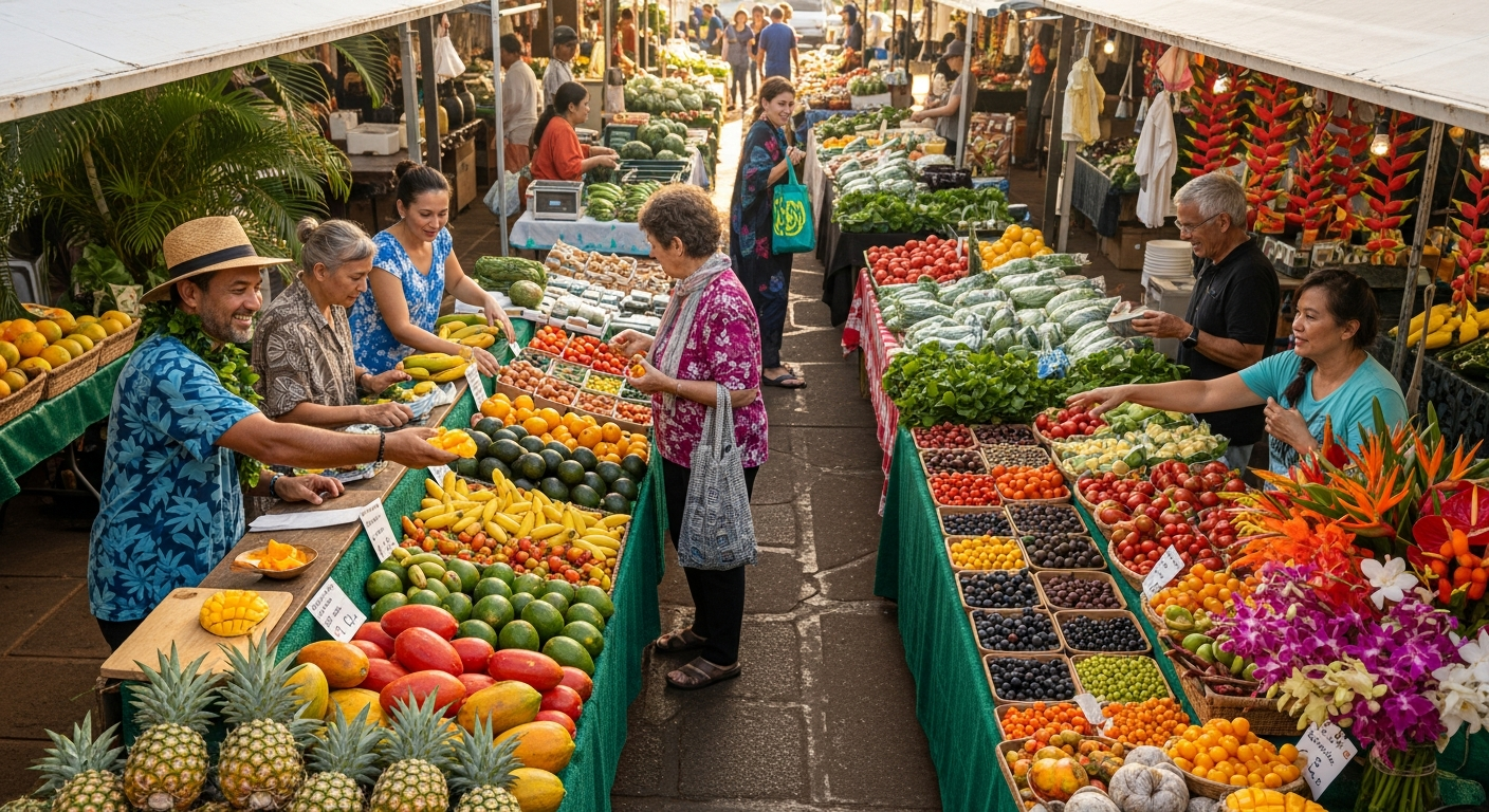 A vibrant local farmers market in Hawaii, showcasing fresh produce and community interaction.