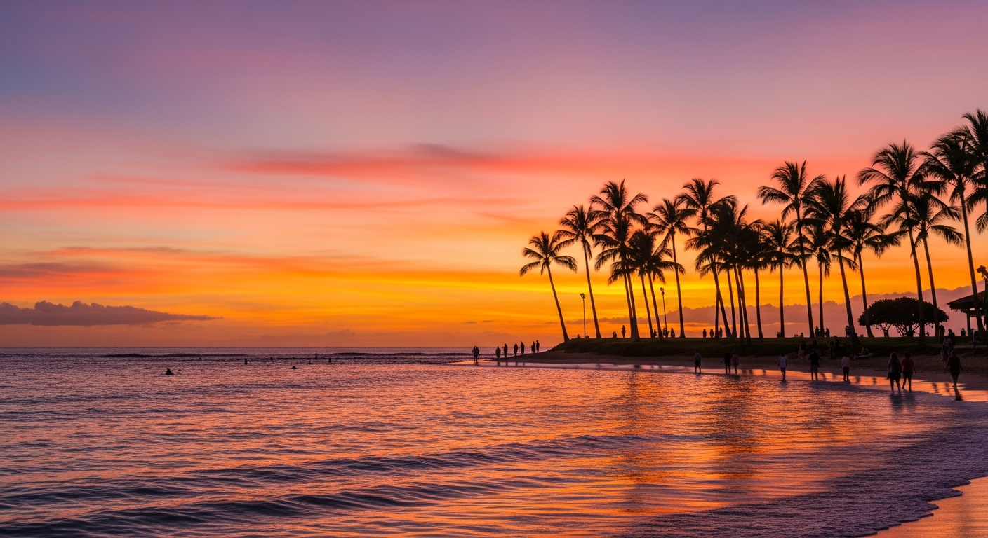 A scenic view of a Honolulu beach at sunset, highlighting the natural beauty of the islands.